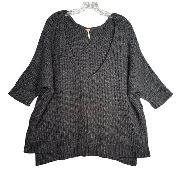 Free People V Neck Sweater Knit Pullover Black Slouchy Cozy Cat Lagenlook Boho - Picture 1 of 13